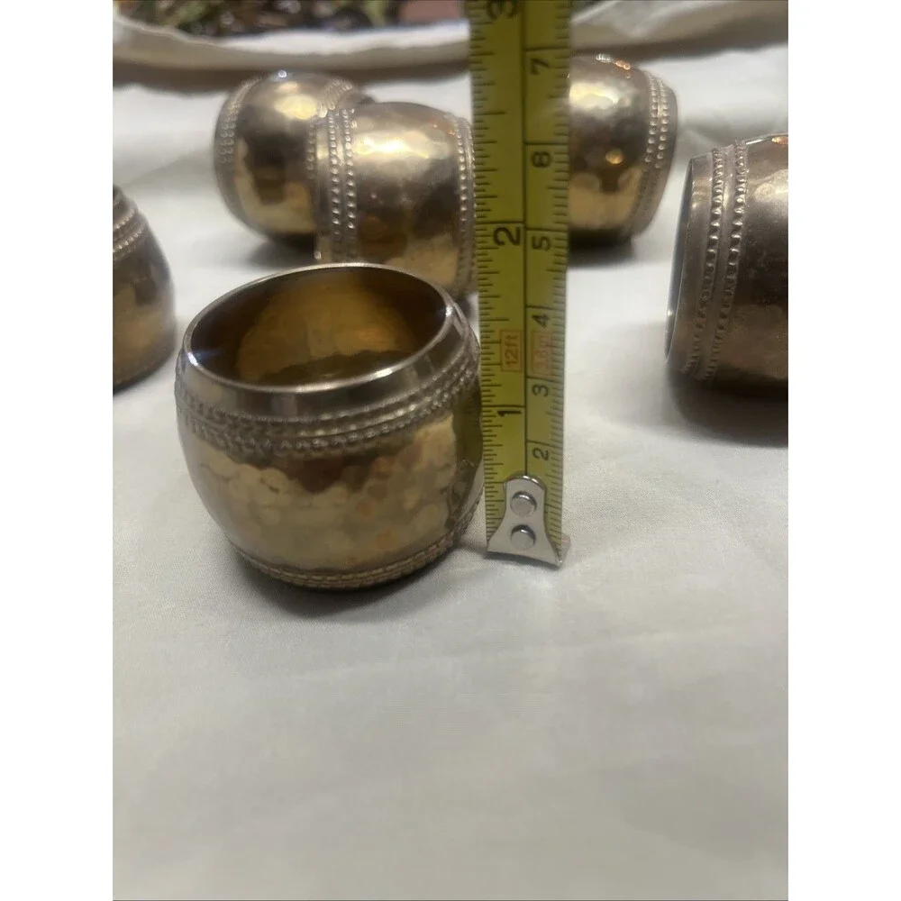 Set of 6 Hammered Brass Napkin Rings w/Double Beaded Border-Gorgeous Tableware